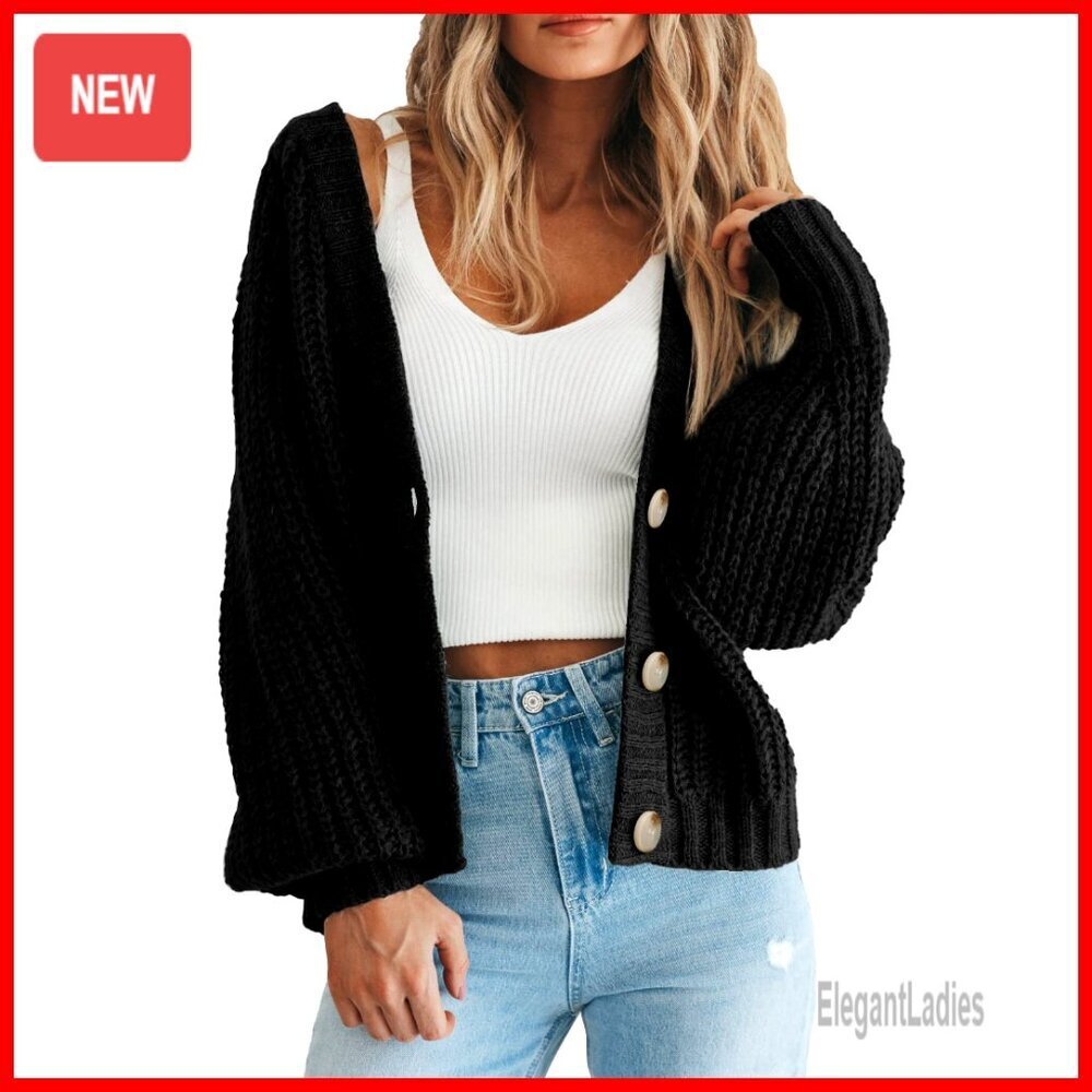 Chunky Knit Open Front Sweater Long Sleeve Button Cardigan Outerwear